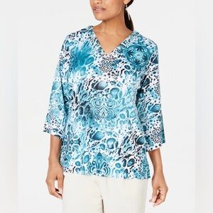 NWT JM Collection Petite Women's Leopard Split Neck Top Size PM